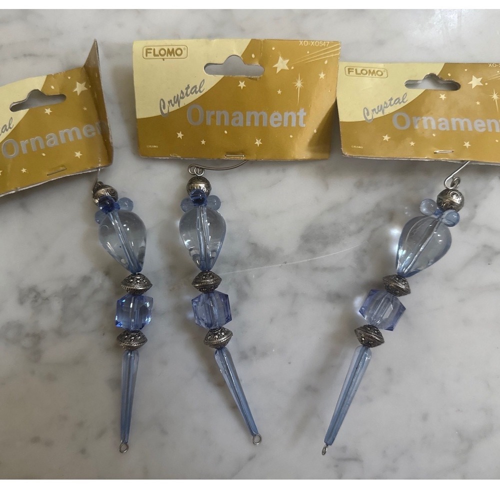 Flomo Crystal Ornament Set 3 Light Blue Beaded Icicle Drop Vintage Style XO547